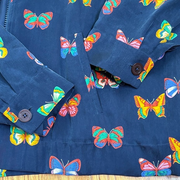 DONCASTER Vintage 90s Y2K Silk Feel Butterfly Novelty Print Navy Zip Jacket M - Picture 7 of 12